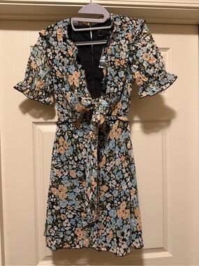 ASOS Black Mini Dress with Blue & Beige Floral Print NWOT